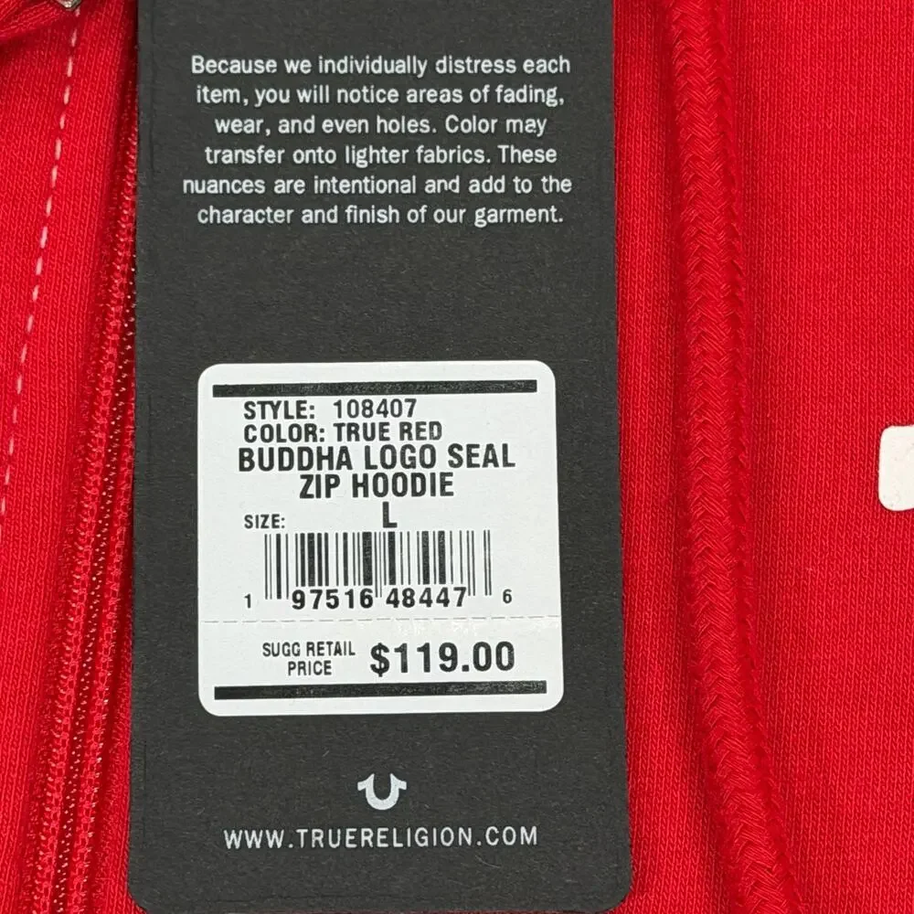 True Religion Buddha Logo Seal Full Zip Hoodie Mens Large L True Red NWT